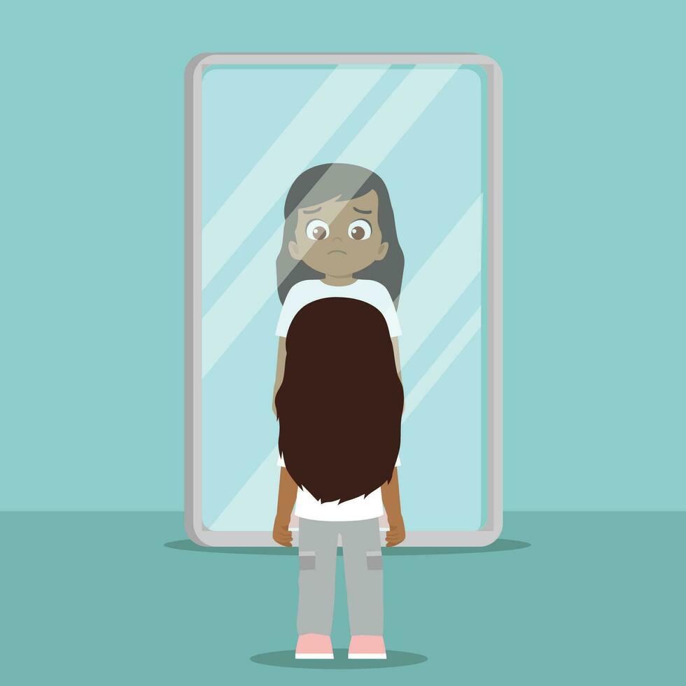 vetor ilustração do auto rejeição e auto aceitação. jovem menina dentro depressão assistindo desapontado às dela reflexão dentro a espelho