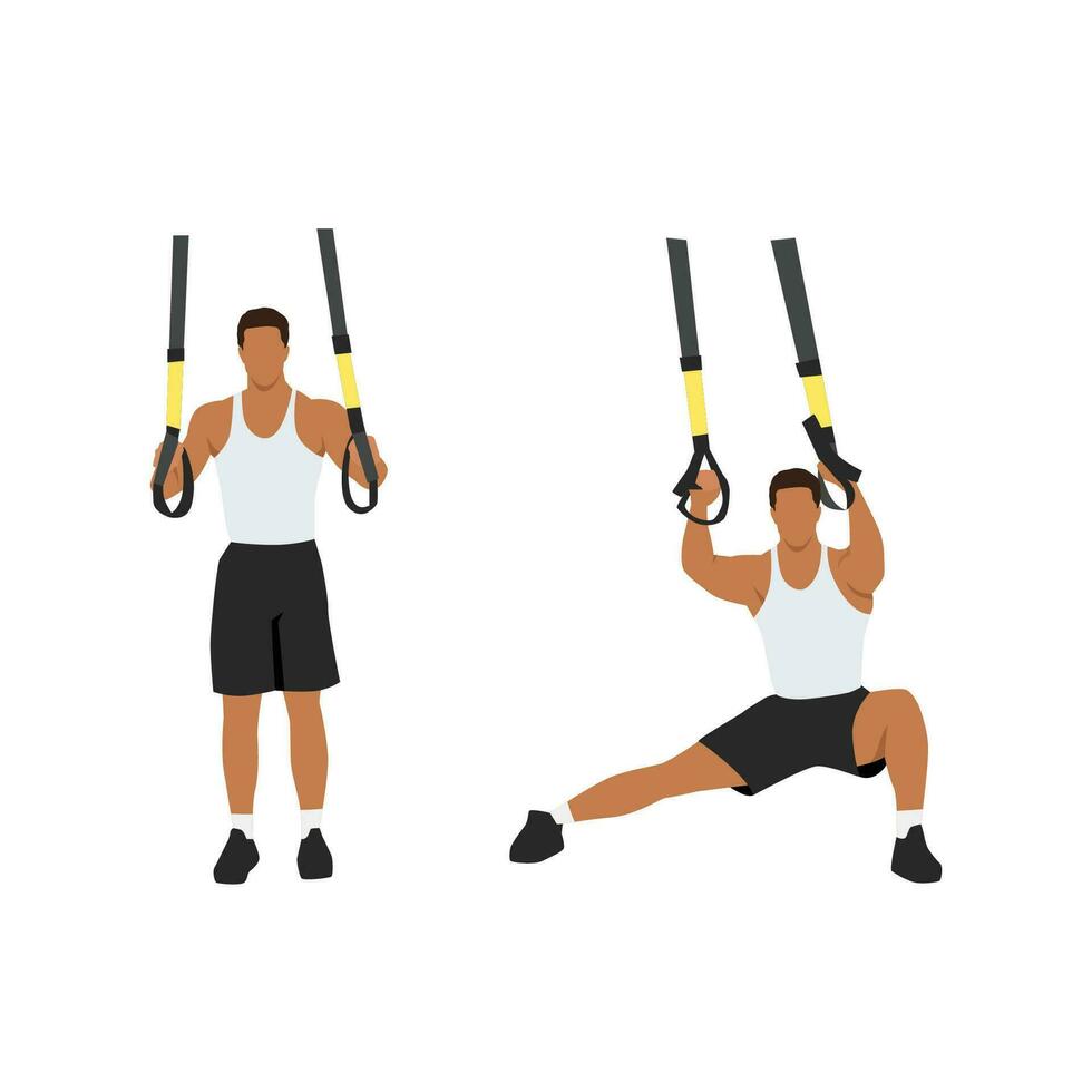 homem fazendo trx suspensão correias lado etapa. lateral investidas exercício. plano vetor ilustração isolado em branco fundo