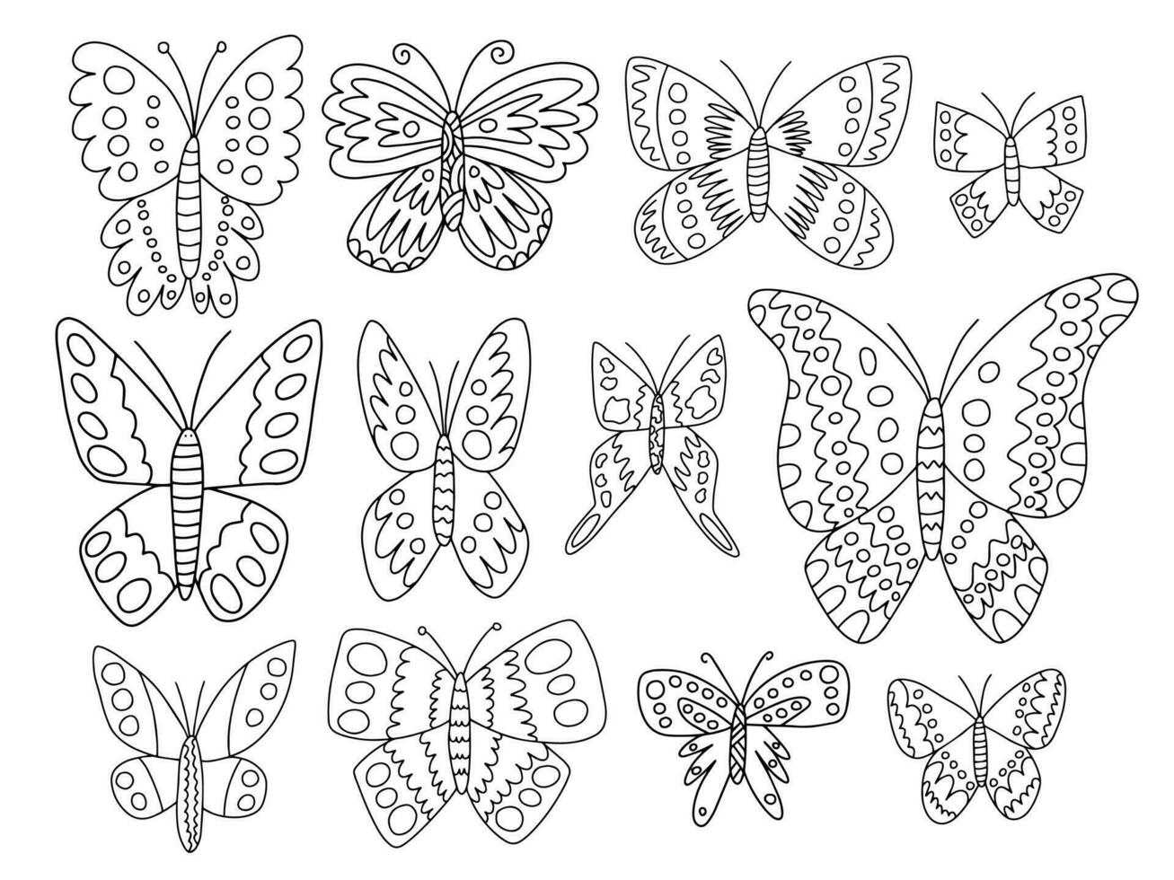 diferente tipos borboletas vetor mão desenhado definir. Preto e branco borboletas rabisco definir. repolho, pavão borboleta e roxa imperador