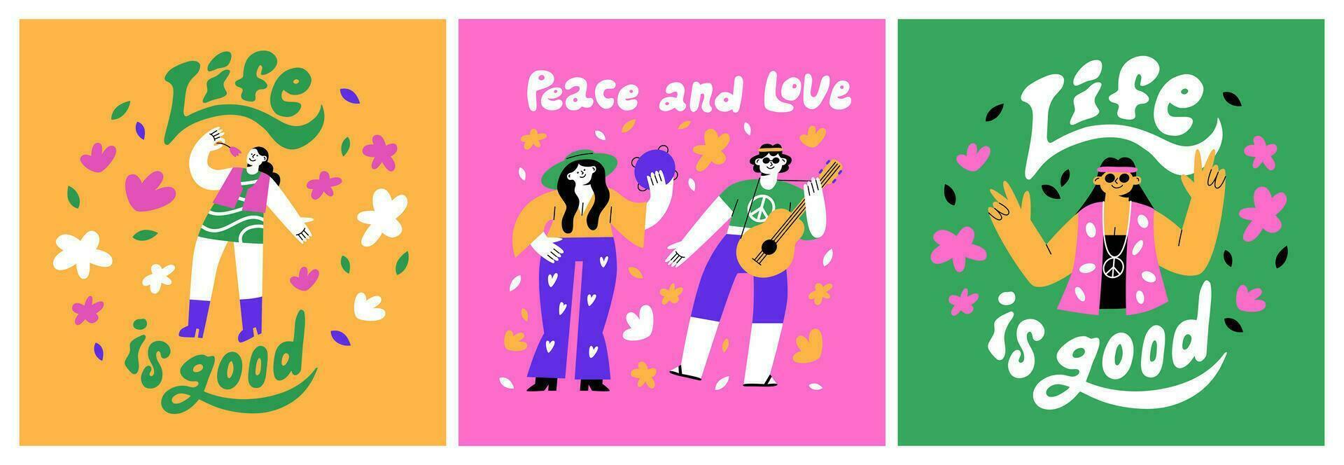 cartazes dentro a hippie estilo. brilhante retro cartões postais com engraçado pessoas a partir de a anos 70. tipografia e rotulação. plano ilustração vetor