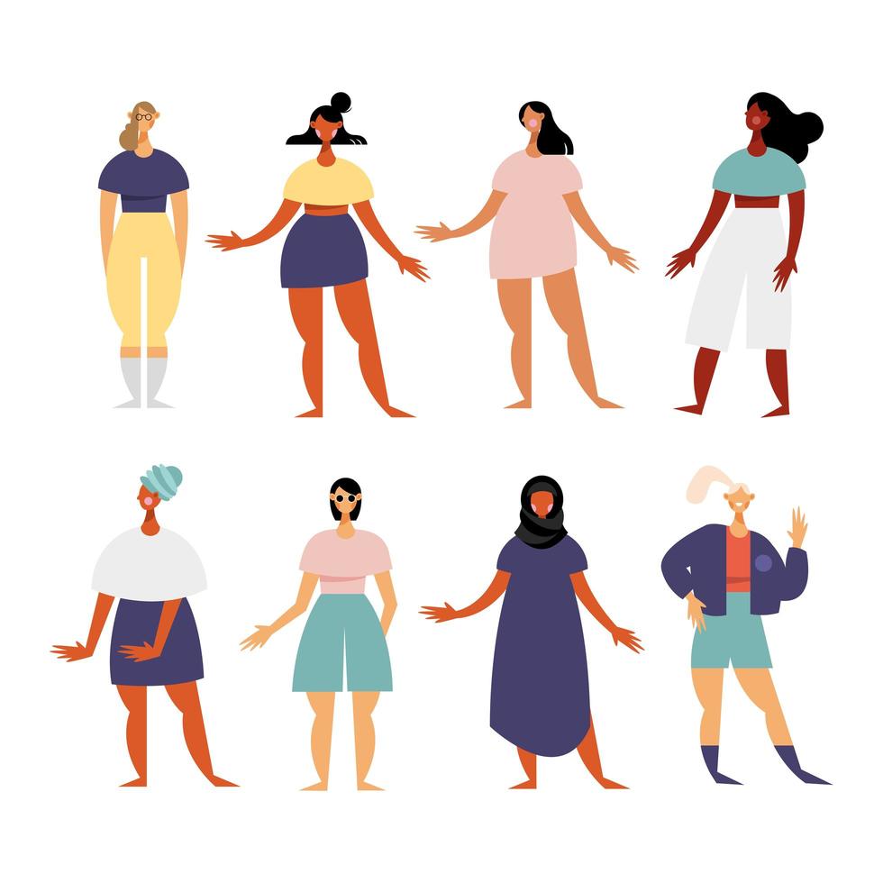 grupo de oito personagens femininas com vestidos diferentes vetor