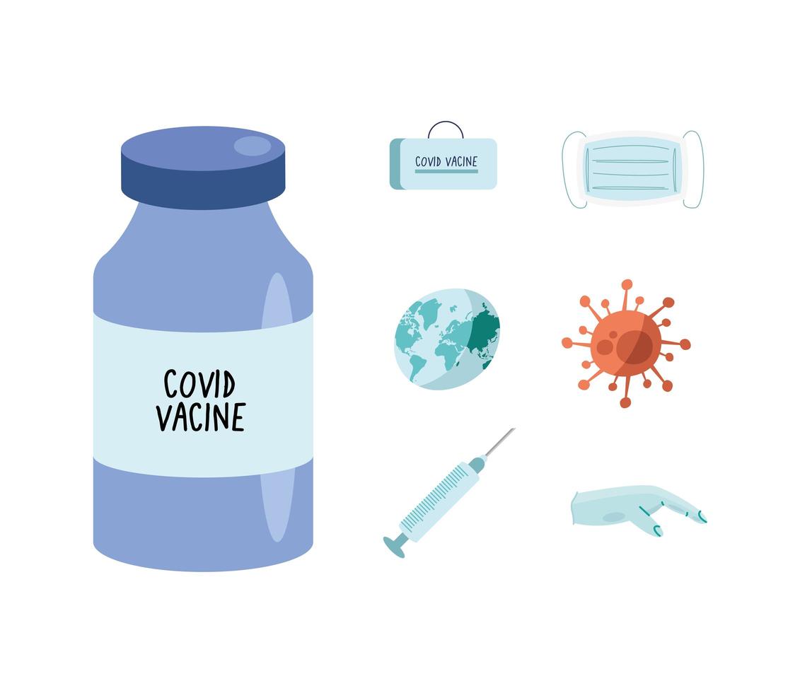 Frasco de medicamento de vacina contra o vírus covid19 e conjunto de ícones vetor