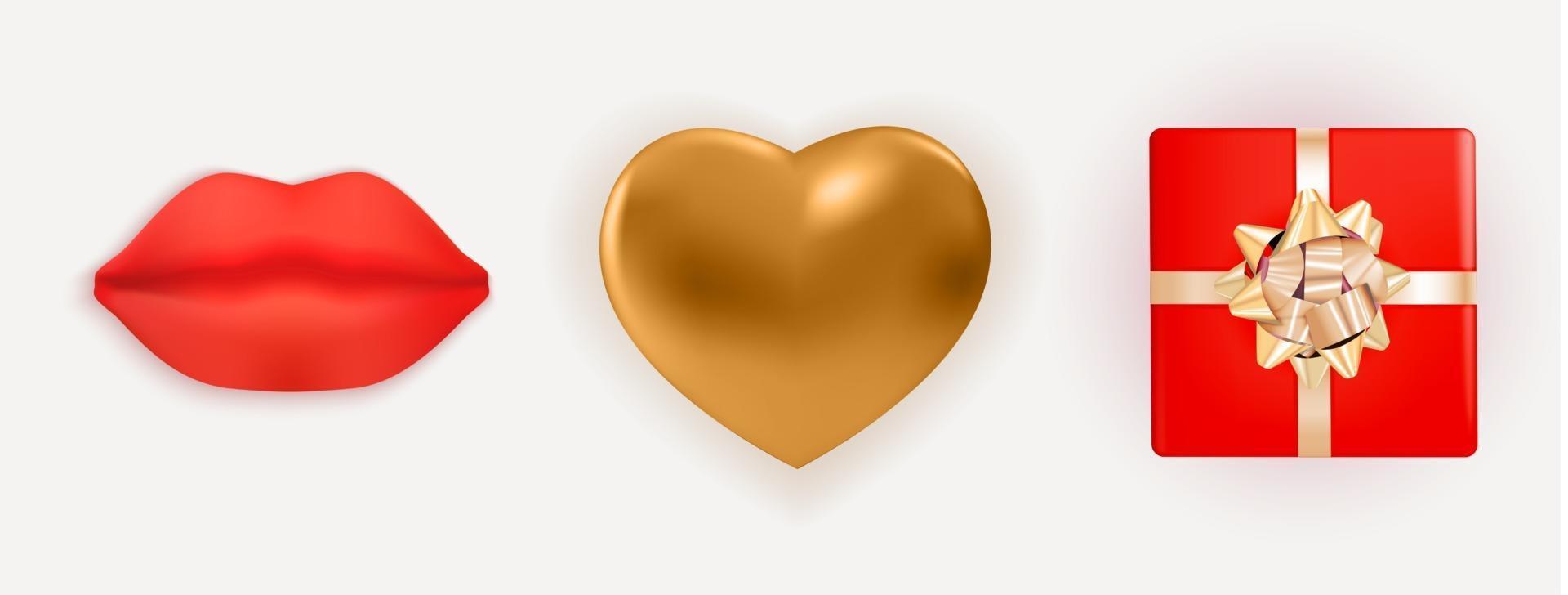 coração de metal brilhante dourado realista, lábios vermelhos e caixa de presente com arco e fita. elementos de design para cartaz de dia dos namorados, banner. Eps10 de ilustração vetorial 3d vetor