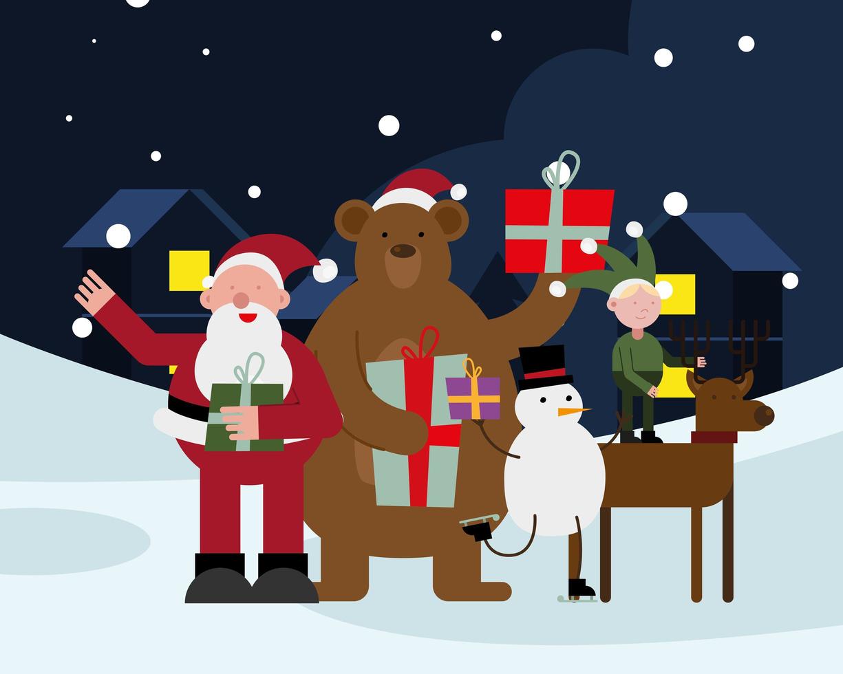duende em renas com papai noel e urso personagens de natal vetor