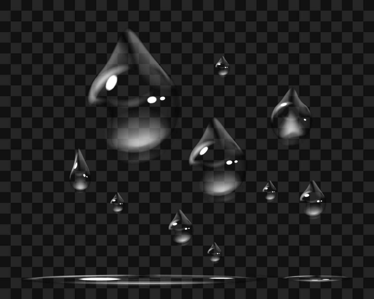 Pingo D'água realista. volta água gotas em uma suave superfície.chuva gotas vetor