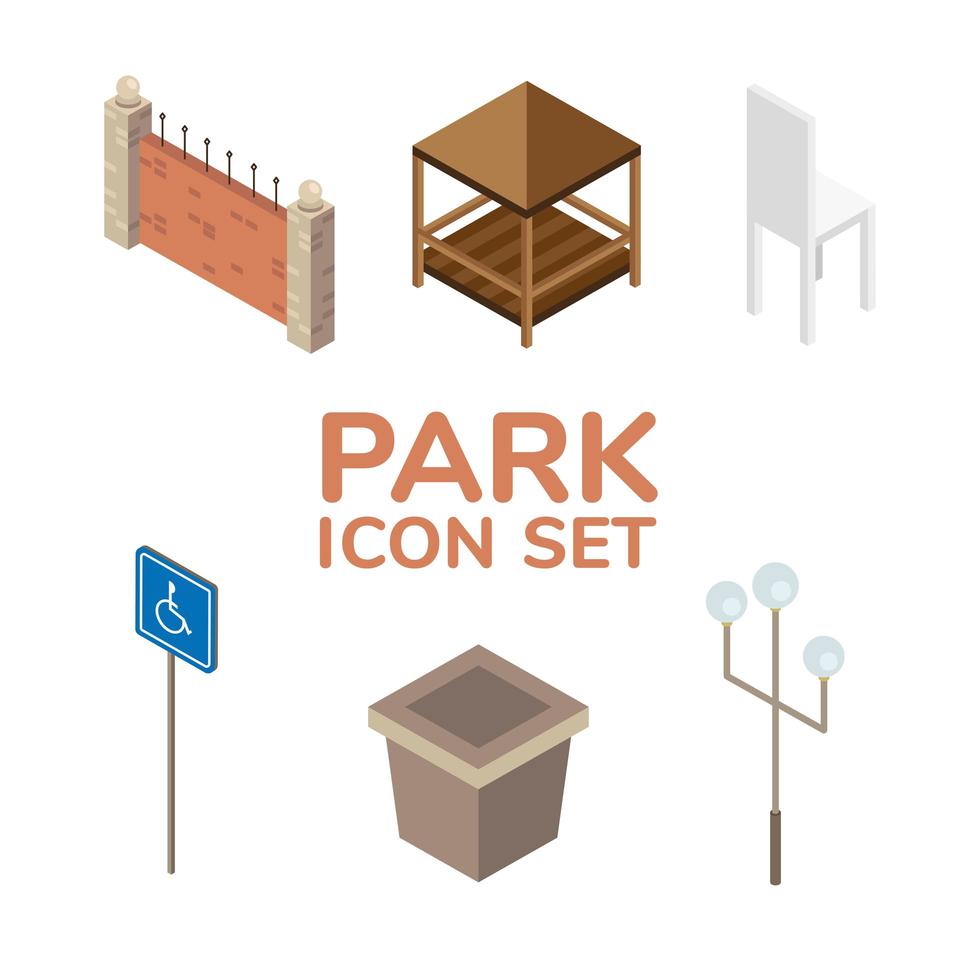 pacote de seis ícones de estilo isométrico de parque vetor