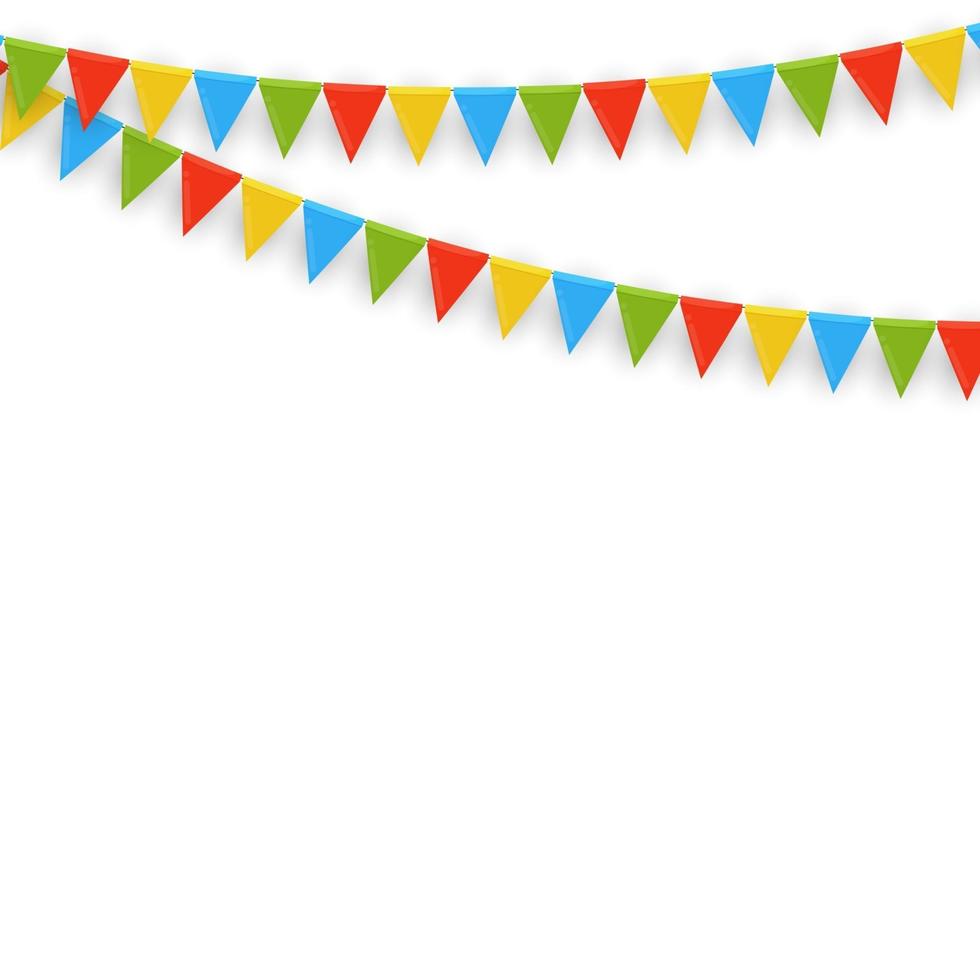 banner com festão de bandeiras e fitas. fundo de festa de férias para festa de aniversário, carnava. ilustração vetorial vetor
