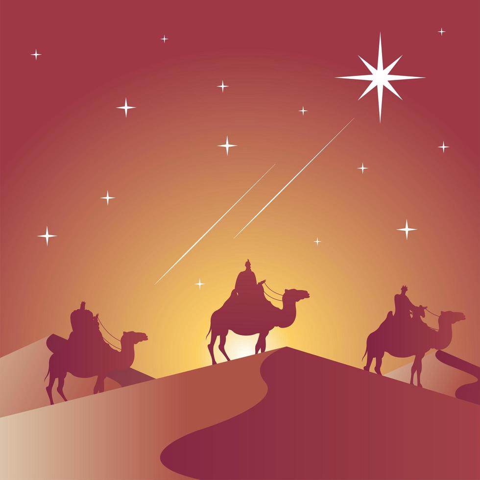 cartão de feliz natal feliz com reis mágicos em cena de silhueta de camelos vetor
