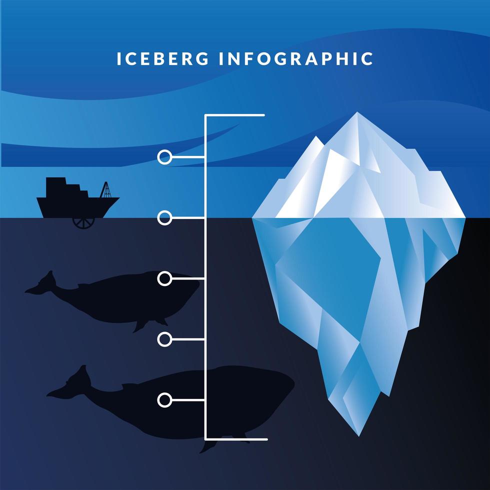Infográfico de iceberg com baleias e desenho vetorial de navios vetor