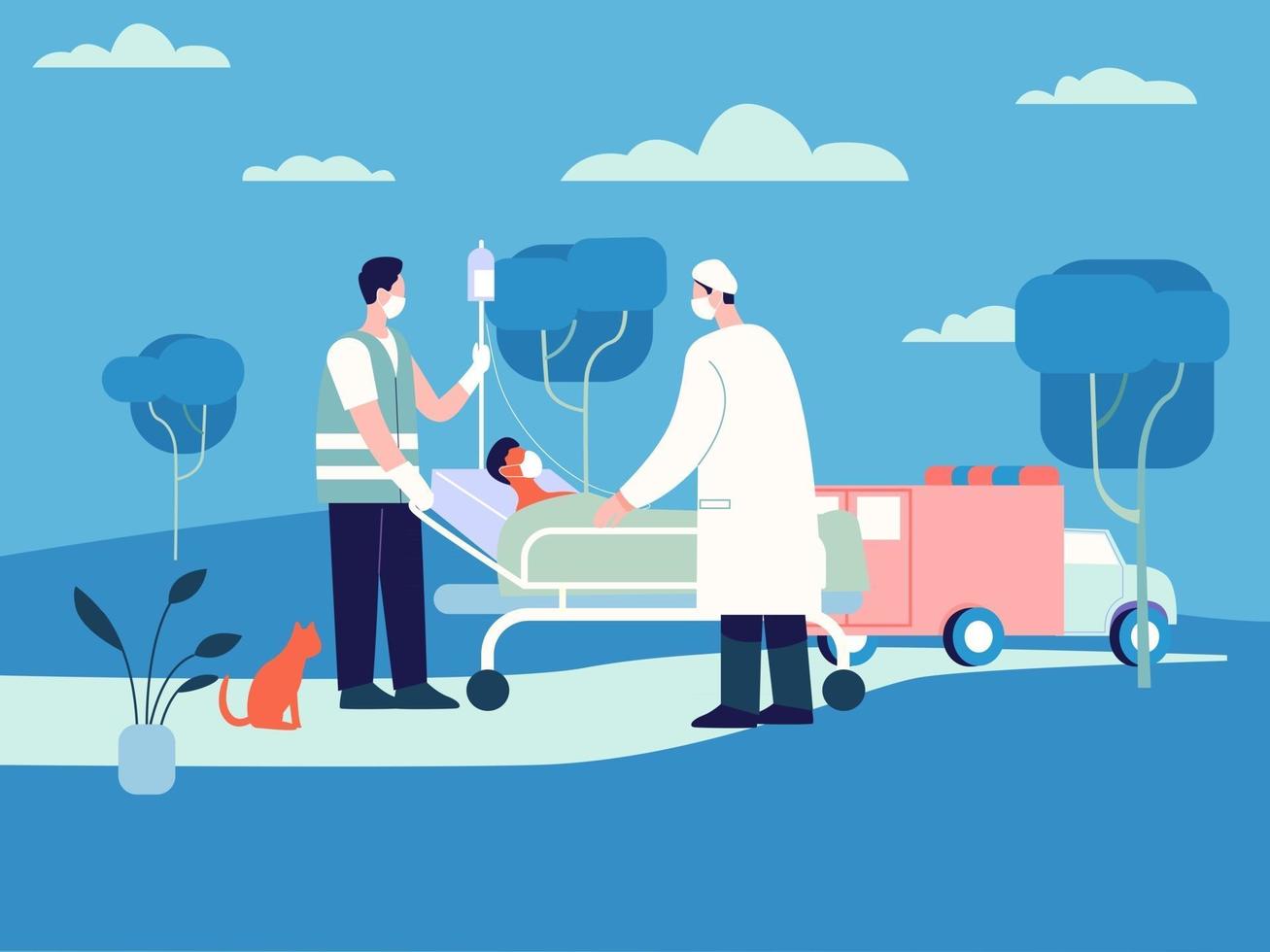 médico levando paciente para ilustração de hospital, conceito de vetor de serviço de ambulância de emergência