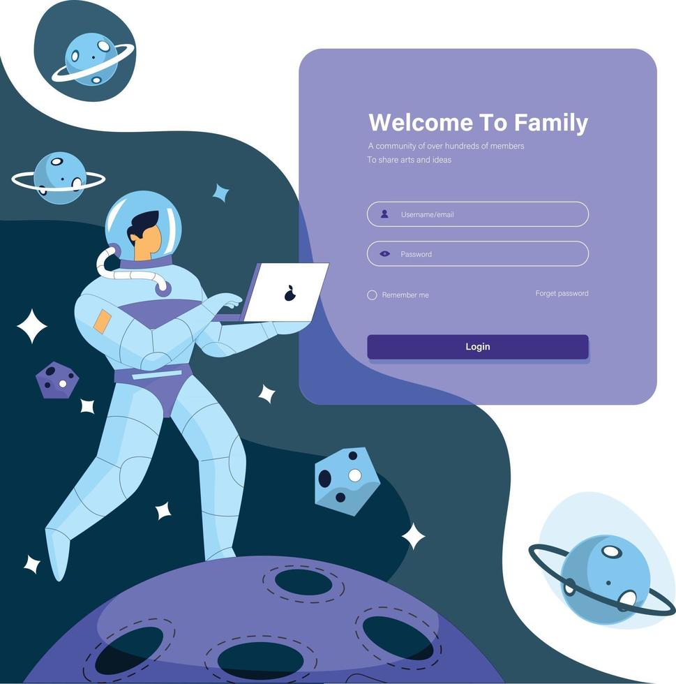 ilustração do conceito de design da página de login, astronauta no conceito de vetor espacial