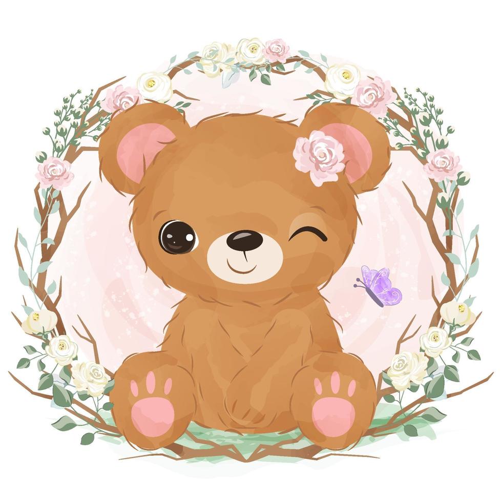 ilustração de urso adorável bebê em aquarela vetor