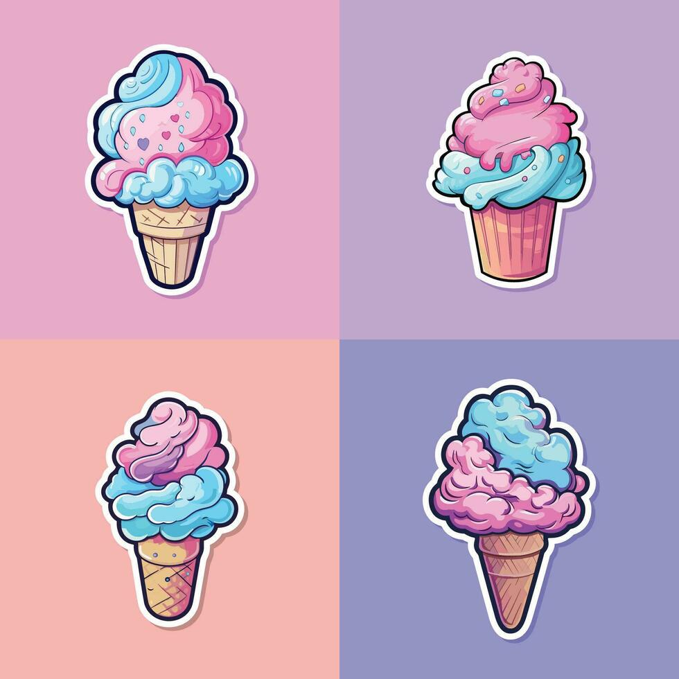 algodão doce gelo creme adesivo legal cores kawaii grampo arte ilustração coleção vetor