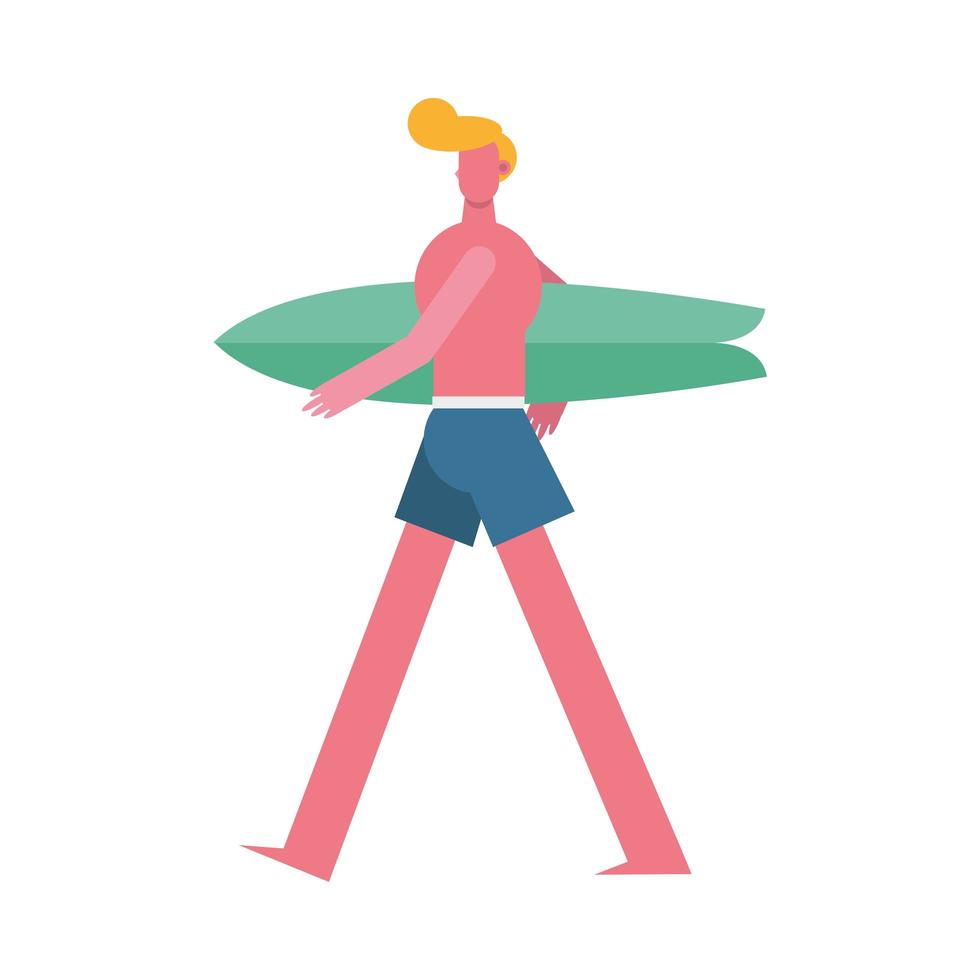 jovem vestindo maiô caminhando com personagem de prancha de surf vetor