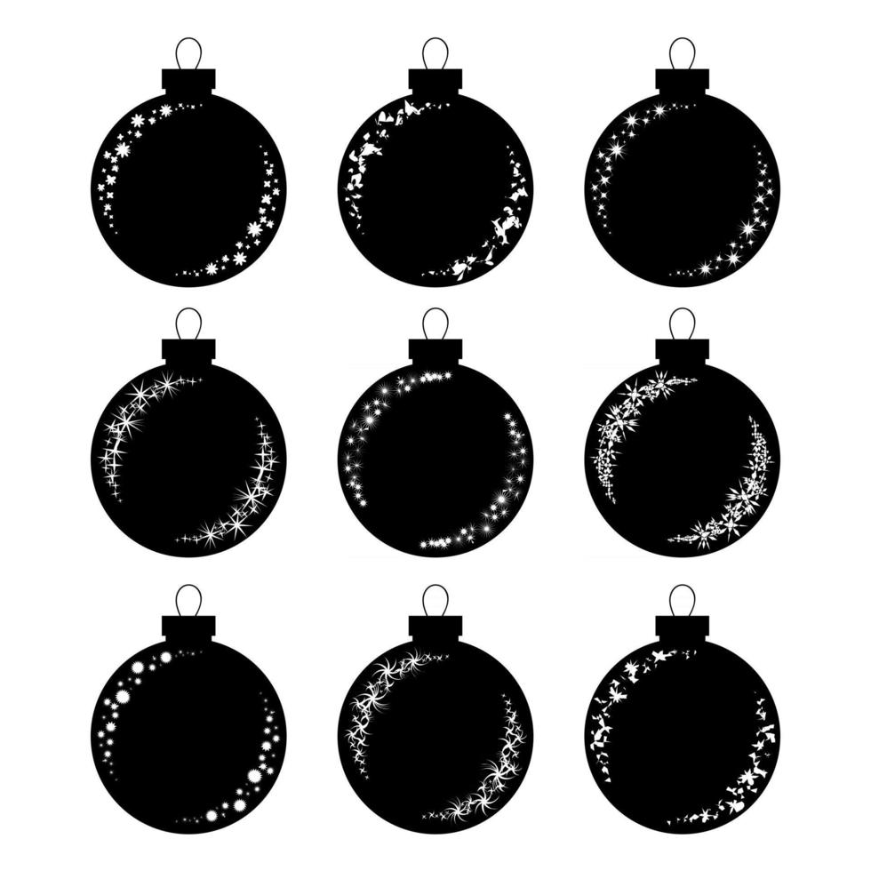 conjunto de silhuetas pretas e brancas isoladas planas de bolas de brinquedos de Natal em um fundo branco. diferentes variantes de brilho na esfera de vidro vetor