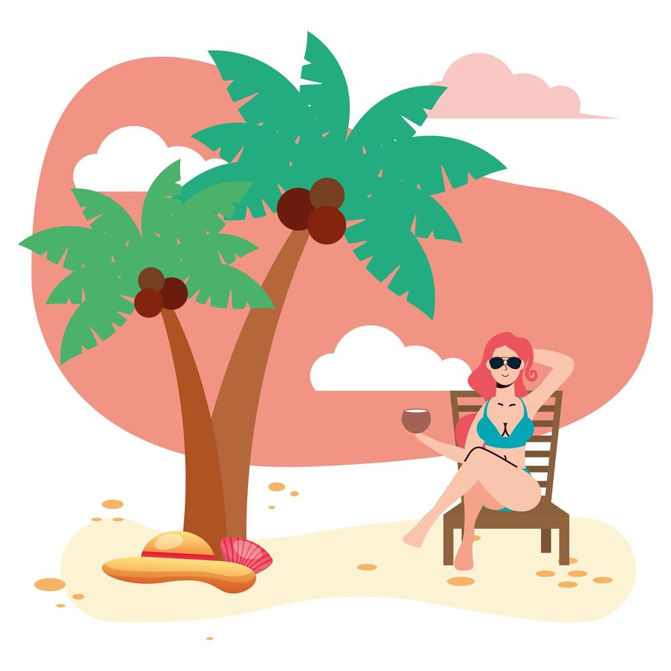 Mulher bonita em maiô sentada na cadeira de praia comendo coco vetor