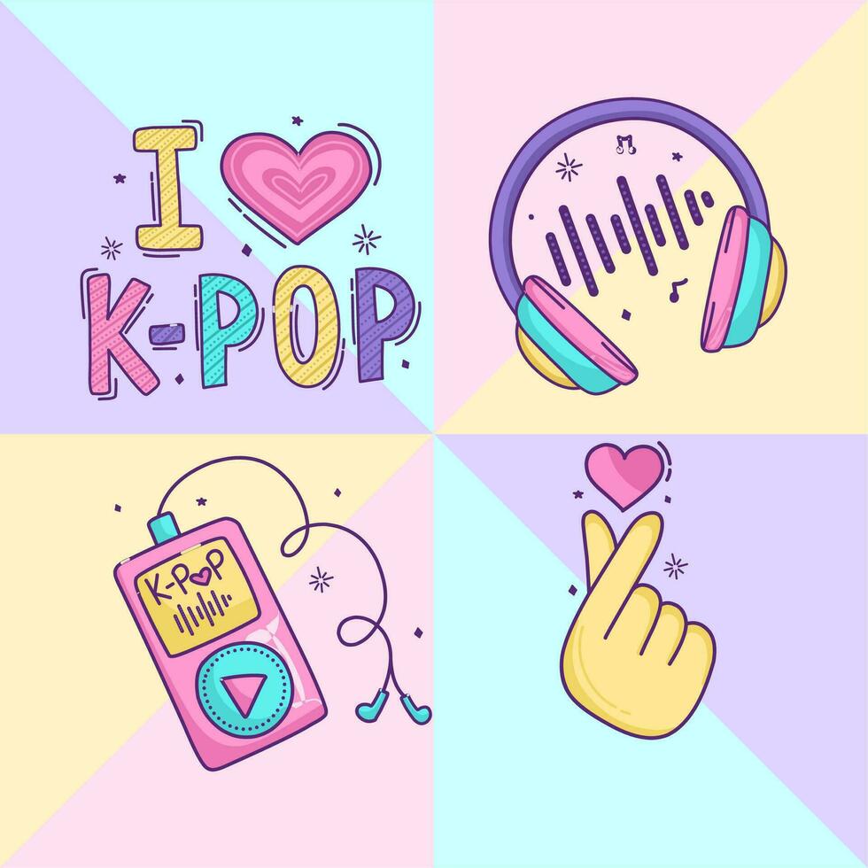kpop desenhando definir, fone de ouvido, música vetor