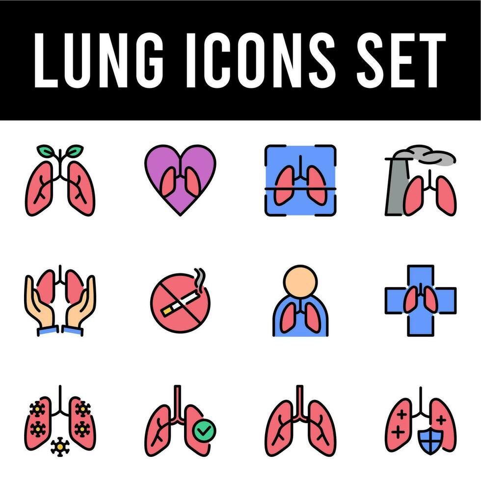 pulmão cor linha ícones definir. interno, órgão, oxigênio, anatômico, anatomia, Câncer, peito, dor, paciente, AVC, pictograma, vírus, sistema, Ciência, respirar, doença, contorno, cor, respiração vetor