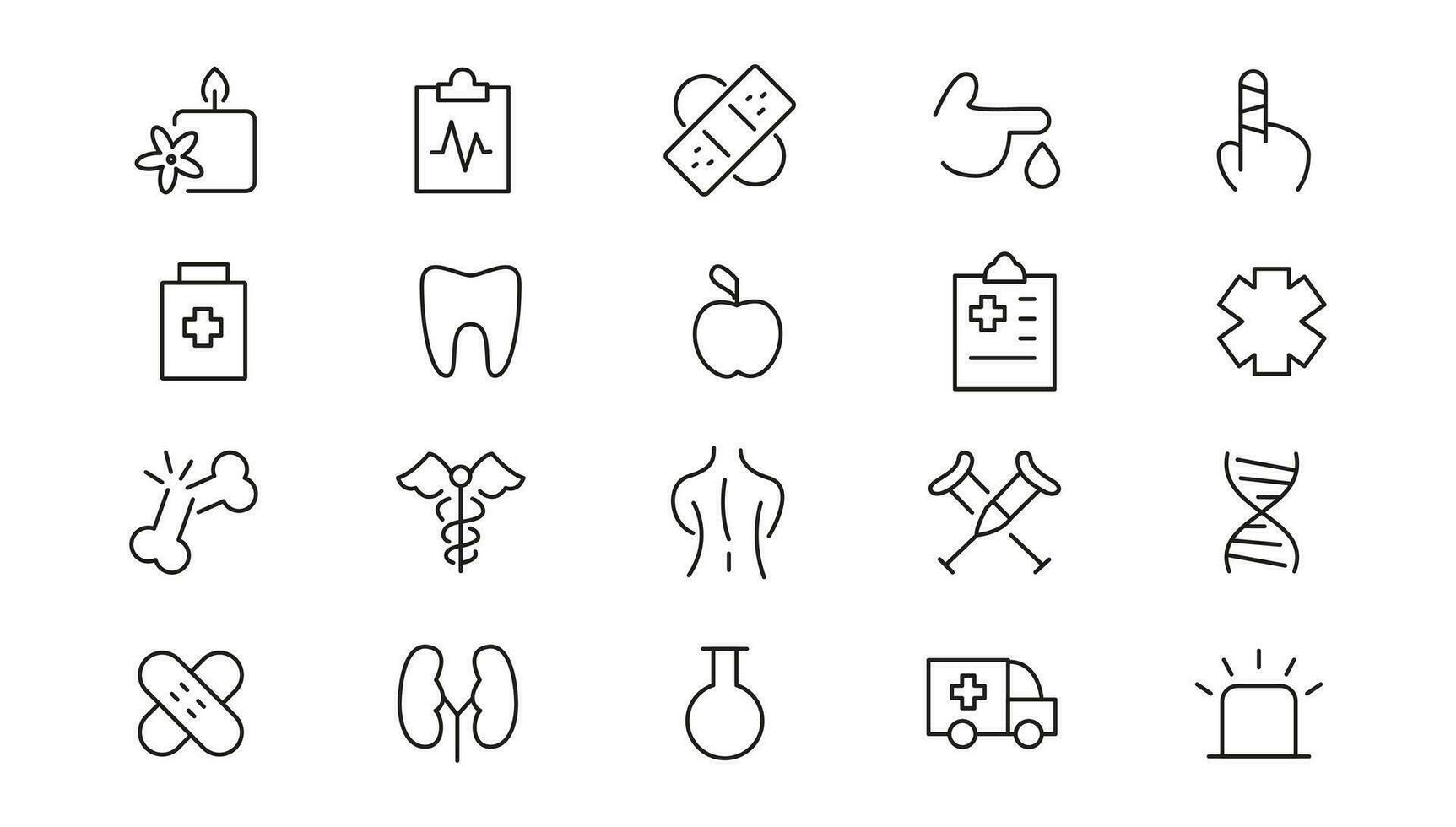 remédio e saúde Cuidado plano ícones. mínimo fino linha rede ícone definir. esboço ícones coleção vetor