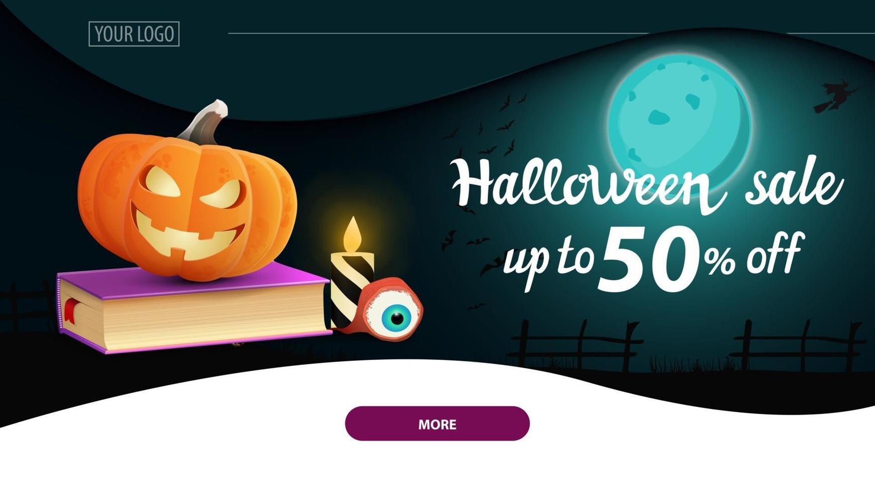 venda de halloween, até 50 de desconto, banner web horizontal moderno com paisagem noturna em segundo plano vetor