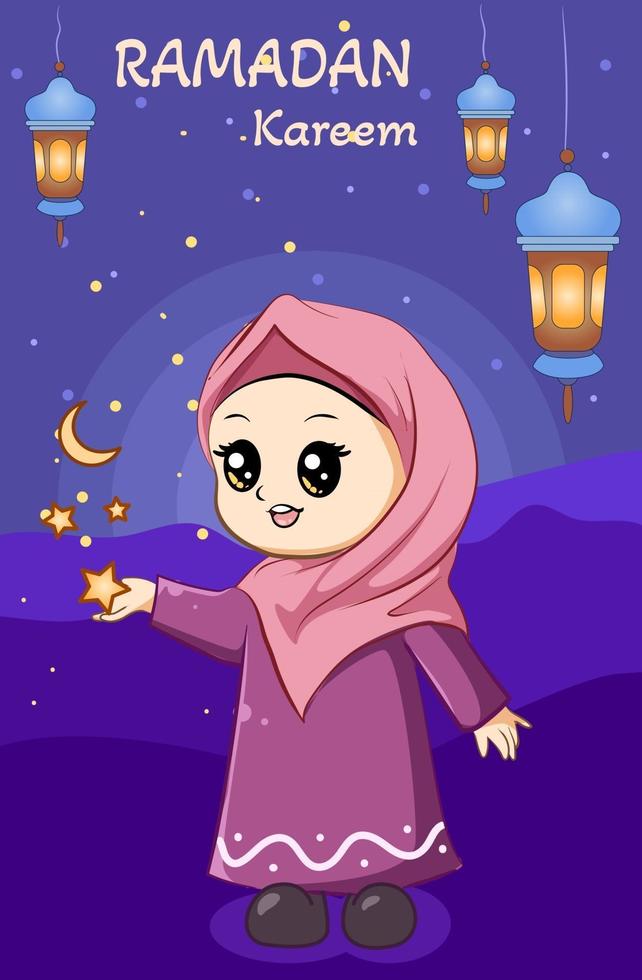 garota feliz com estrelas à noite ramadan kareem cartoon ilustração vetor