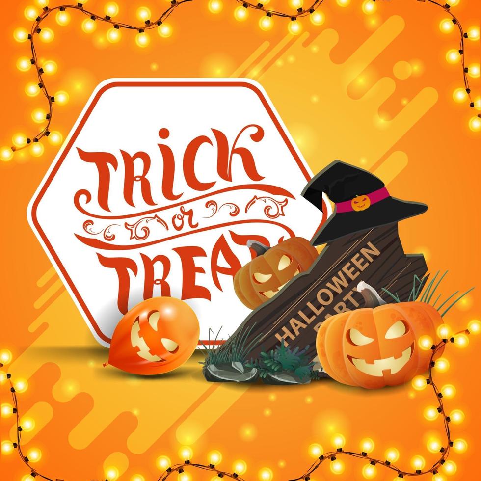 Doçura ou travessura, cartão postal quadrado laranja com guirlanda, balões de halloween, placa de madeira, chapéu de bruxa e jack de abóbora vetor