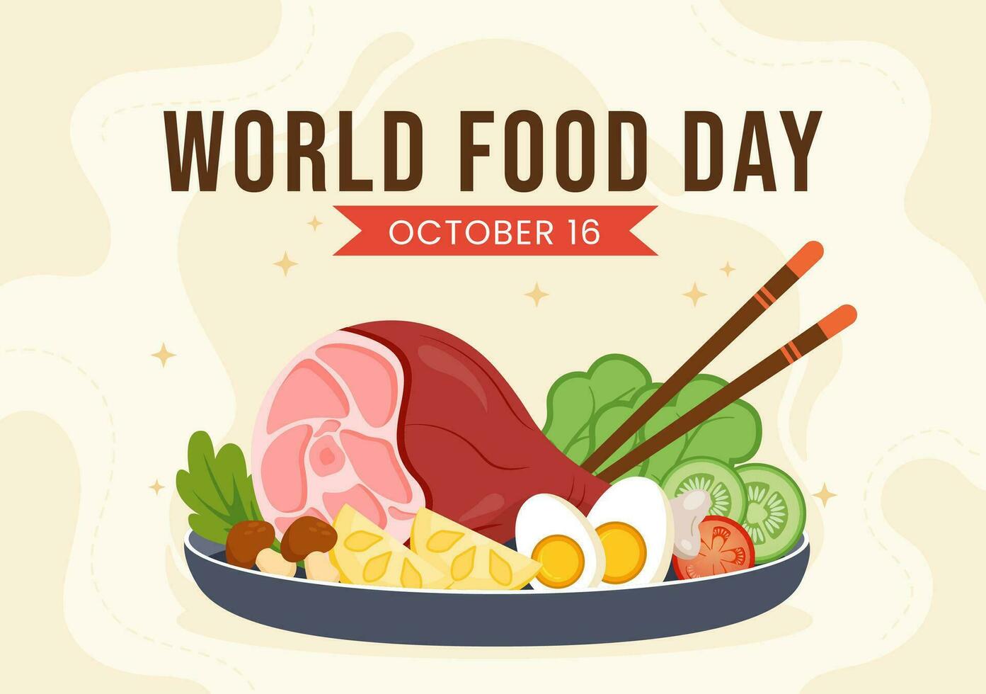 mundo Comida dia vetor ilustração em 16 Outubro com vários alimentos, fruta e vegetal dentro plano desenho animado mão desenhado fundo modelos