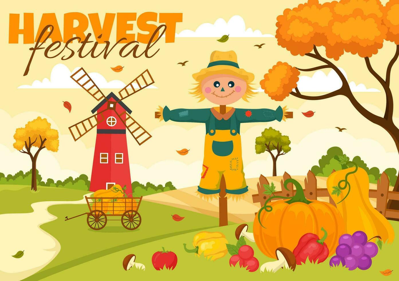 feliz colheita festival vetor ilustração do outono estação fundo com abóboras, bordo folhas, frutas ou legumes dentro plano desenho animado modelos