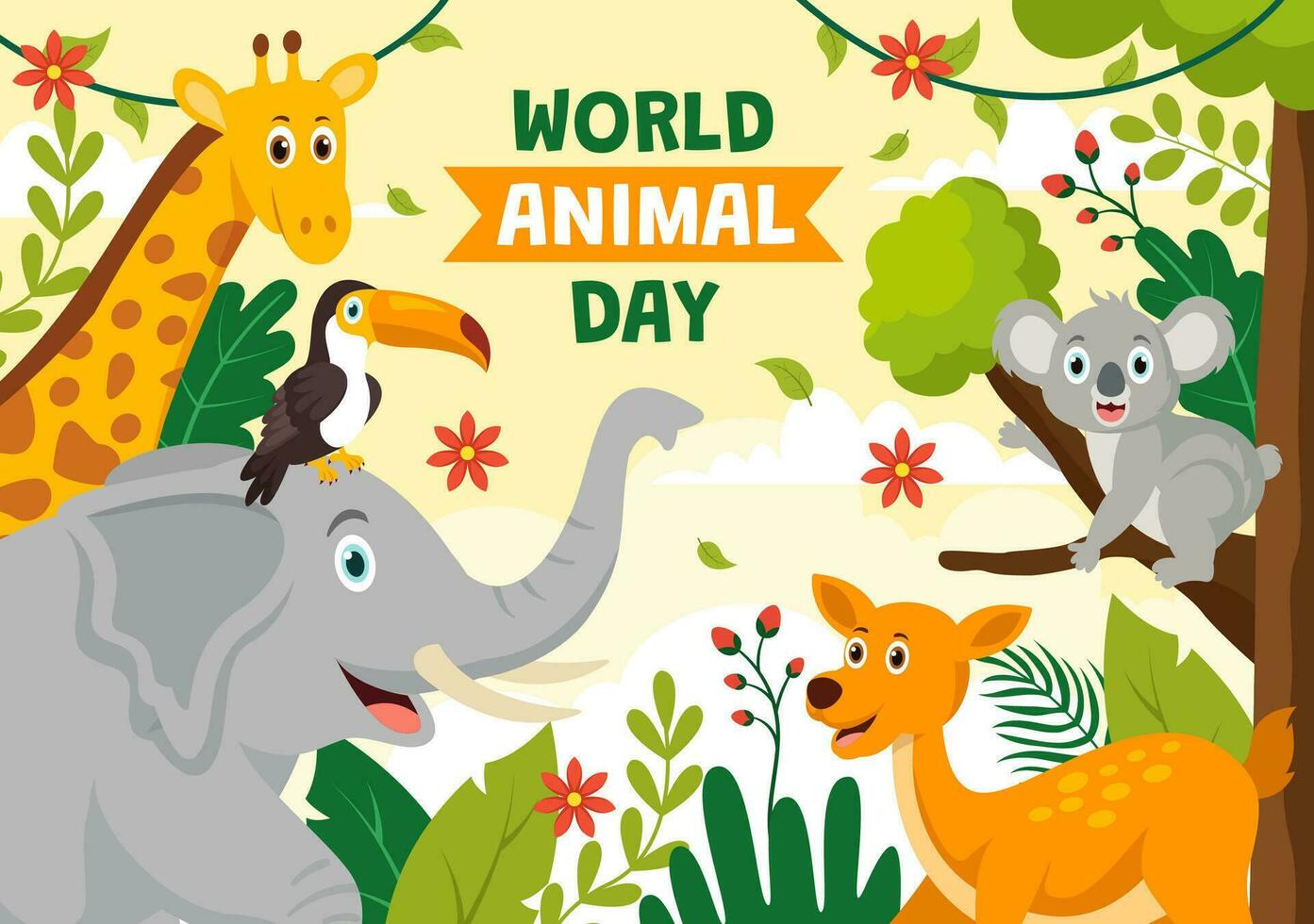 mundo animal dia vetor ilustração com vários animais ou animais selvagens para habitat proteção e floresta dentro plano desenho animado fundo modelos