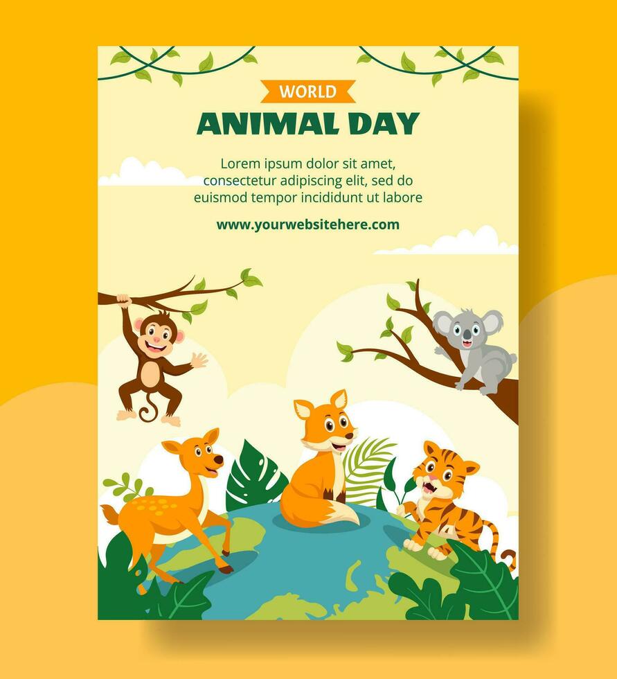 mundo animal dia vertical poster plano desenho animado mão desenhado modelos fundo ilustração vetor