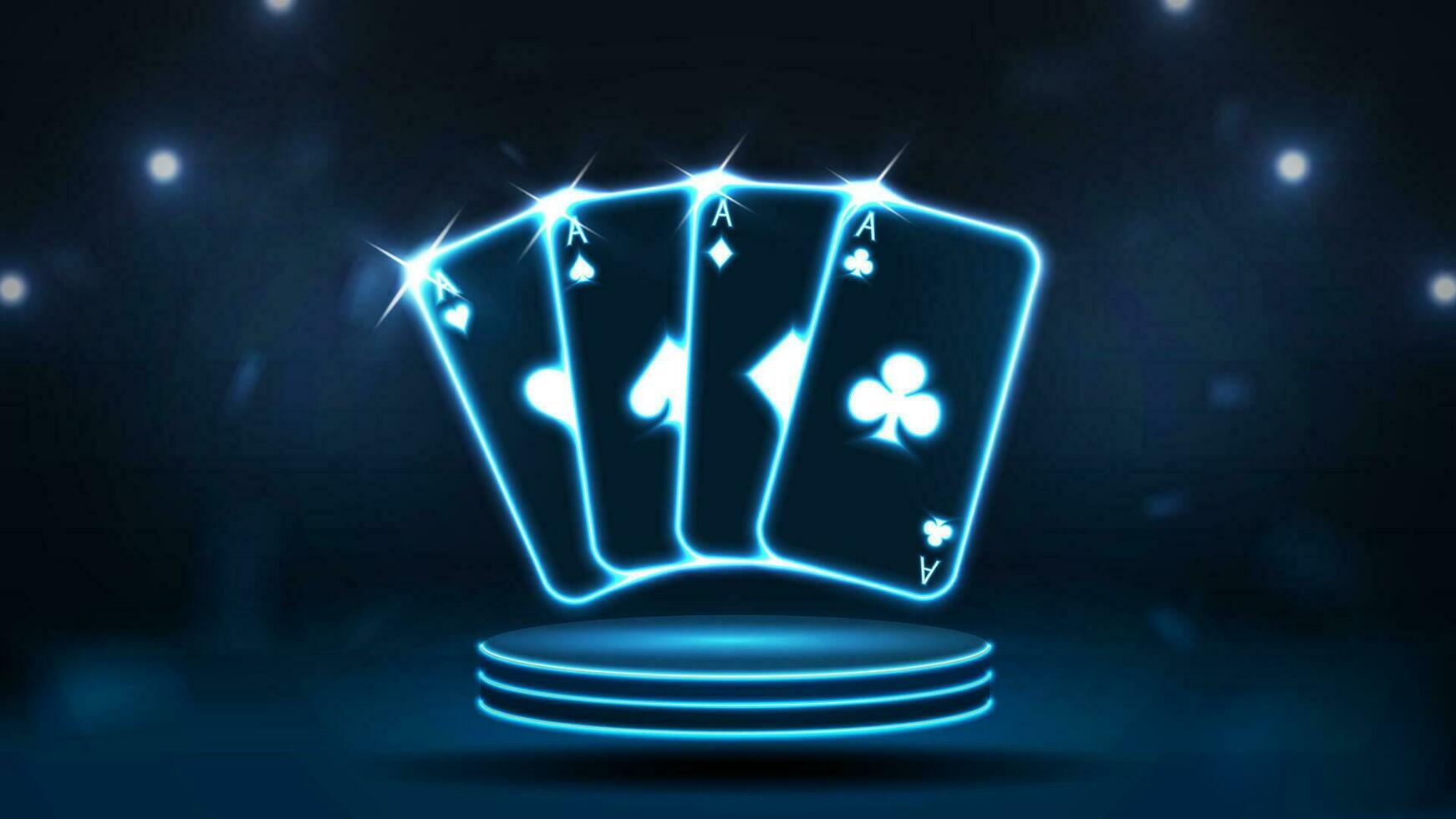 néon brilhante pôquer cartões em a pódio. a conceito para cassino em uma Sombrio azul fundo. vetor