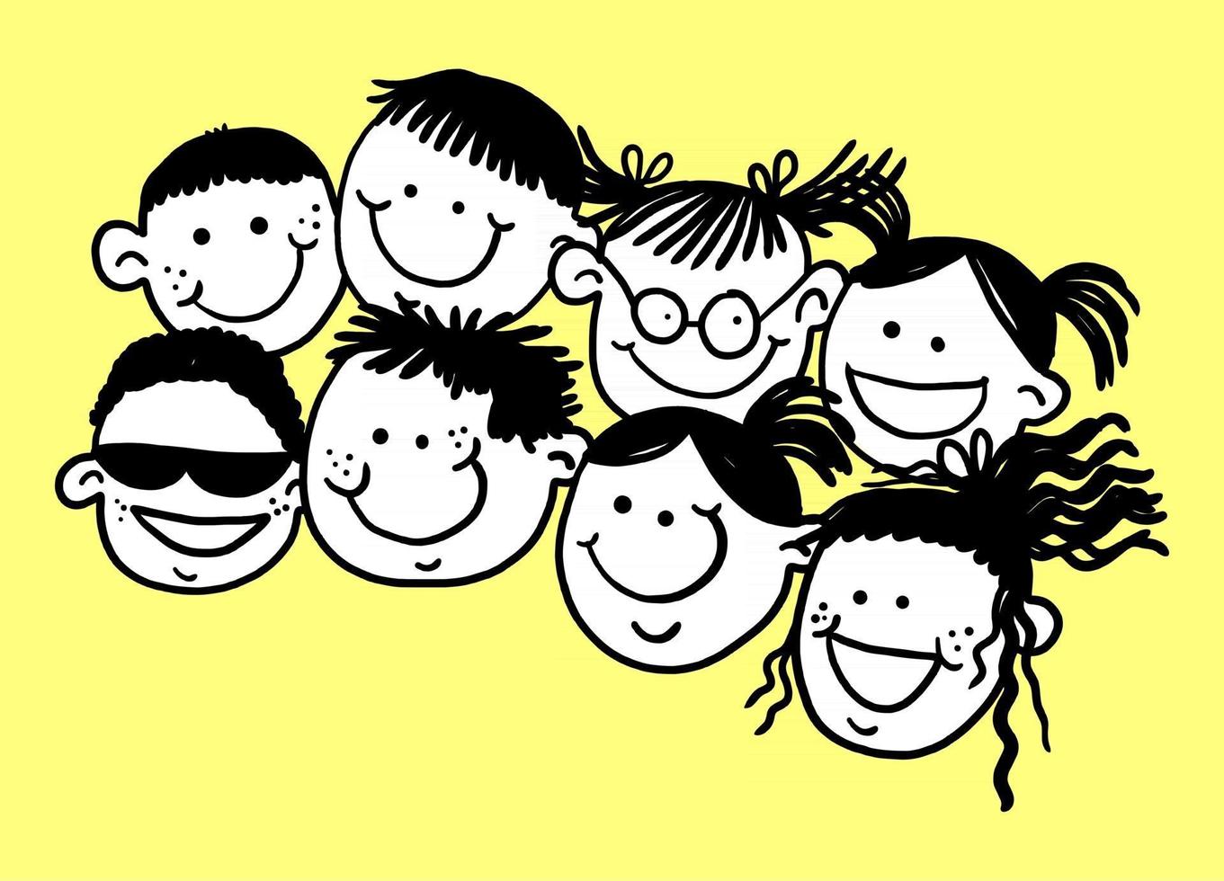 desenhos felizes de rostos de crianças lotados vetor