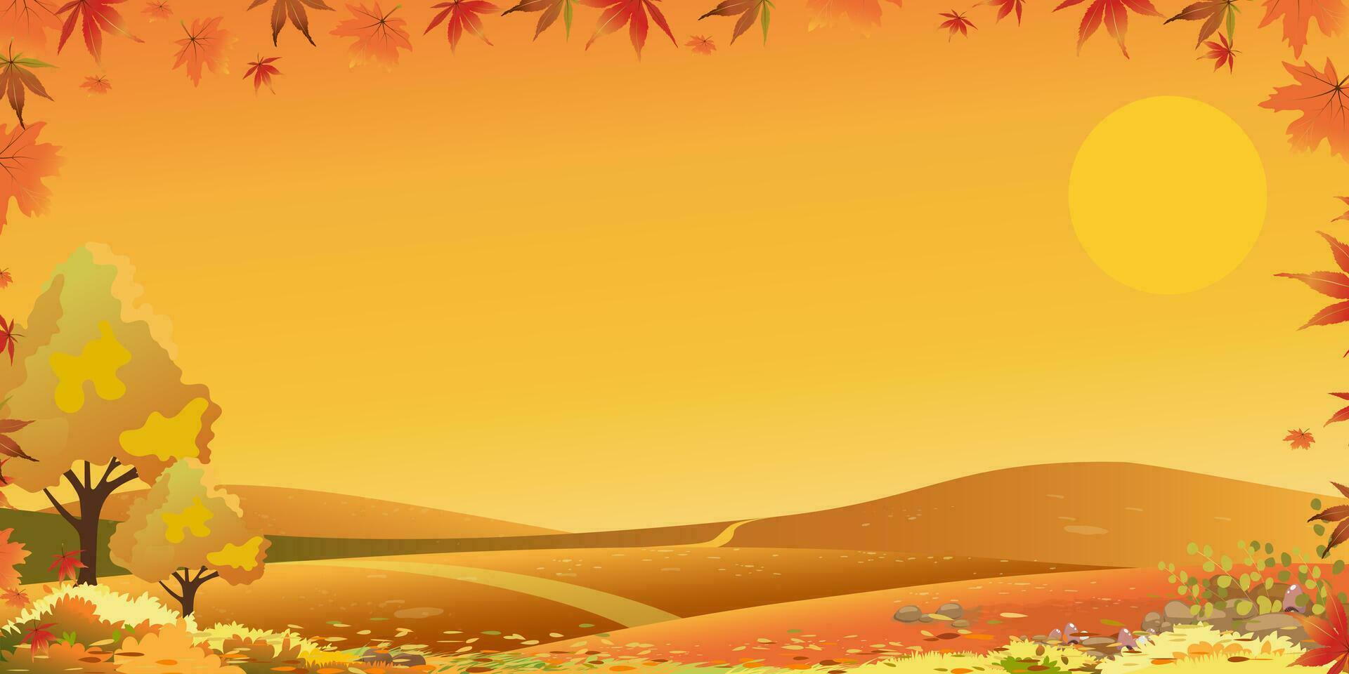 outono panorama do Fazenda campo com azul céu plano de fundo, horizonte outono estação dentro campo com nuvem céu e sol, montanha, grama terra dentro laranja folhagem, vetor vertical bandeira para Ação de graças pano de fundo