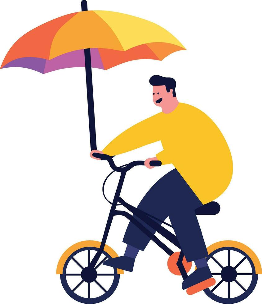 mão desenhado homem equitação uma bicicleta e segurando a guarda-chuva dentro plano estilo vetor