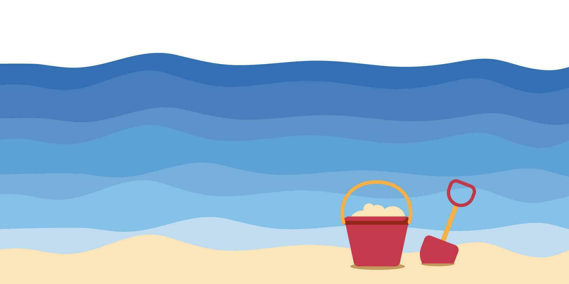 vermelho balde do areia e verde pá em a arenoso praia, ilustração. vetor