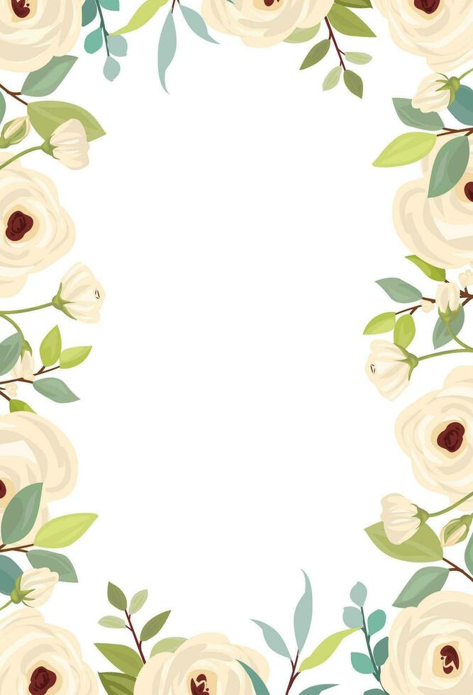 fronteira com uma ramalhete do flores branco rosas, verde folhas. floral poster, convite e cumprimento cartão. vetor