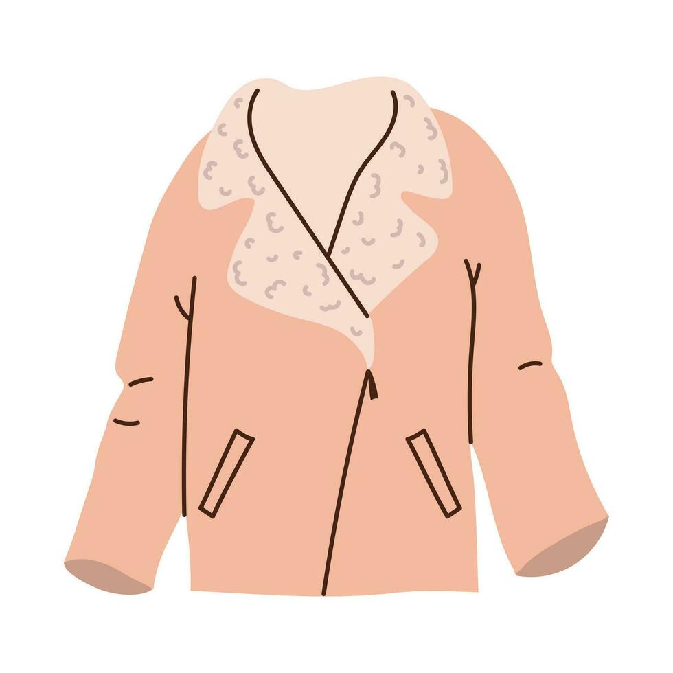 isolado Rosa fêmea pele de carneiro casaco com pele colarinho dentro plano estilo em branco fundo. caloroso roupas vetor