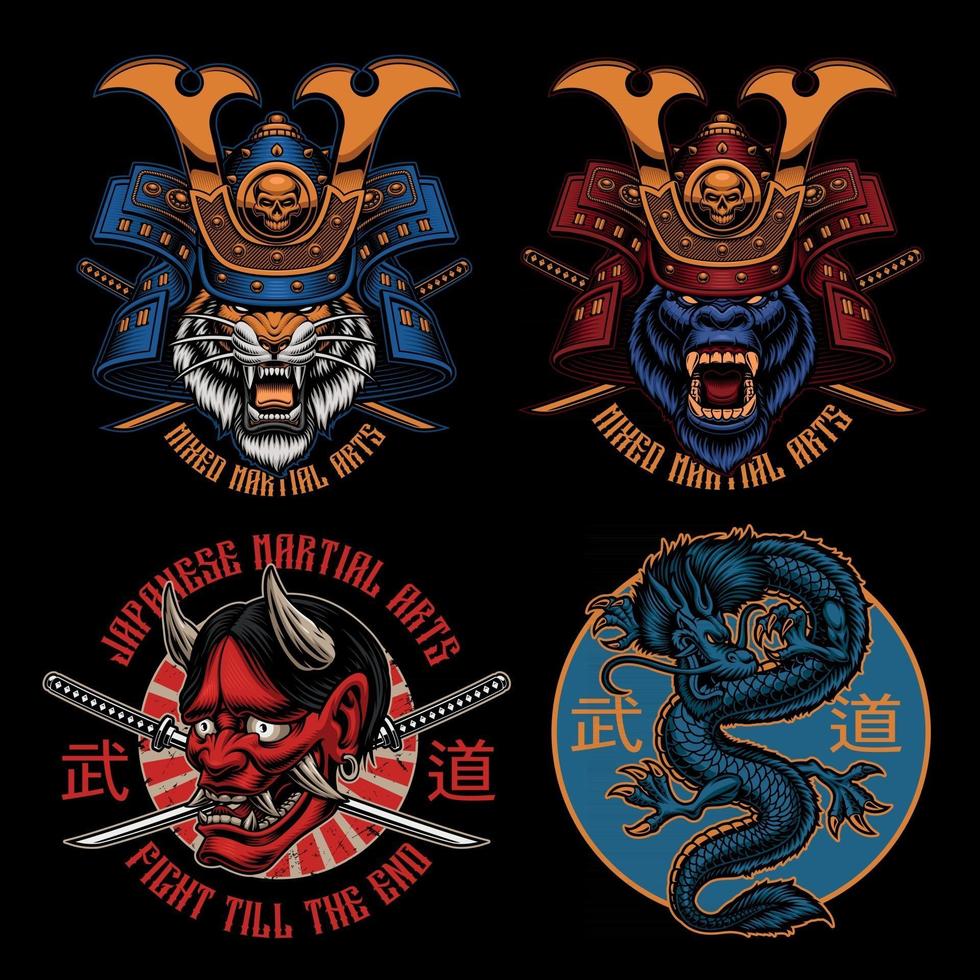 Pacote de designs de camisetas coloridas de samurai vetor