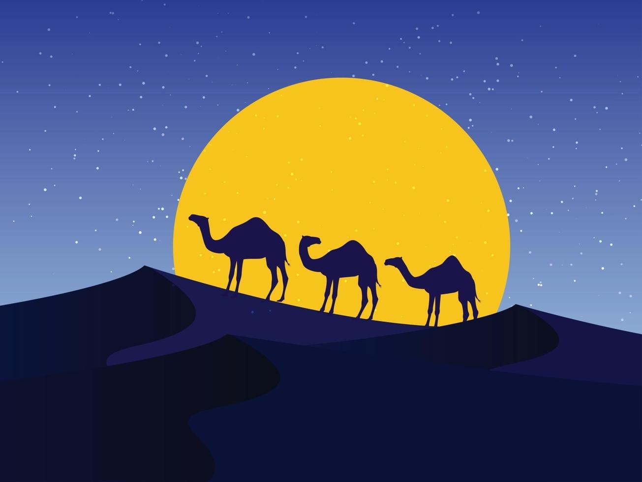 camelos na noite do deserto, lua vetor