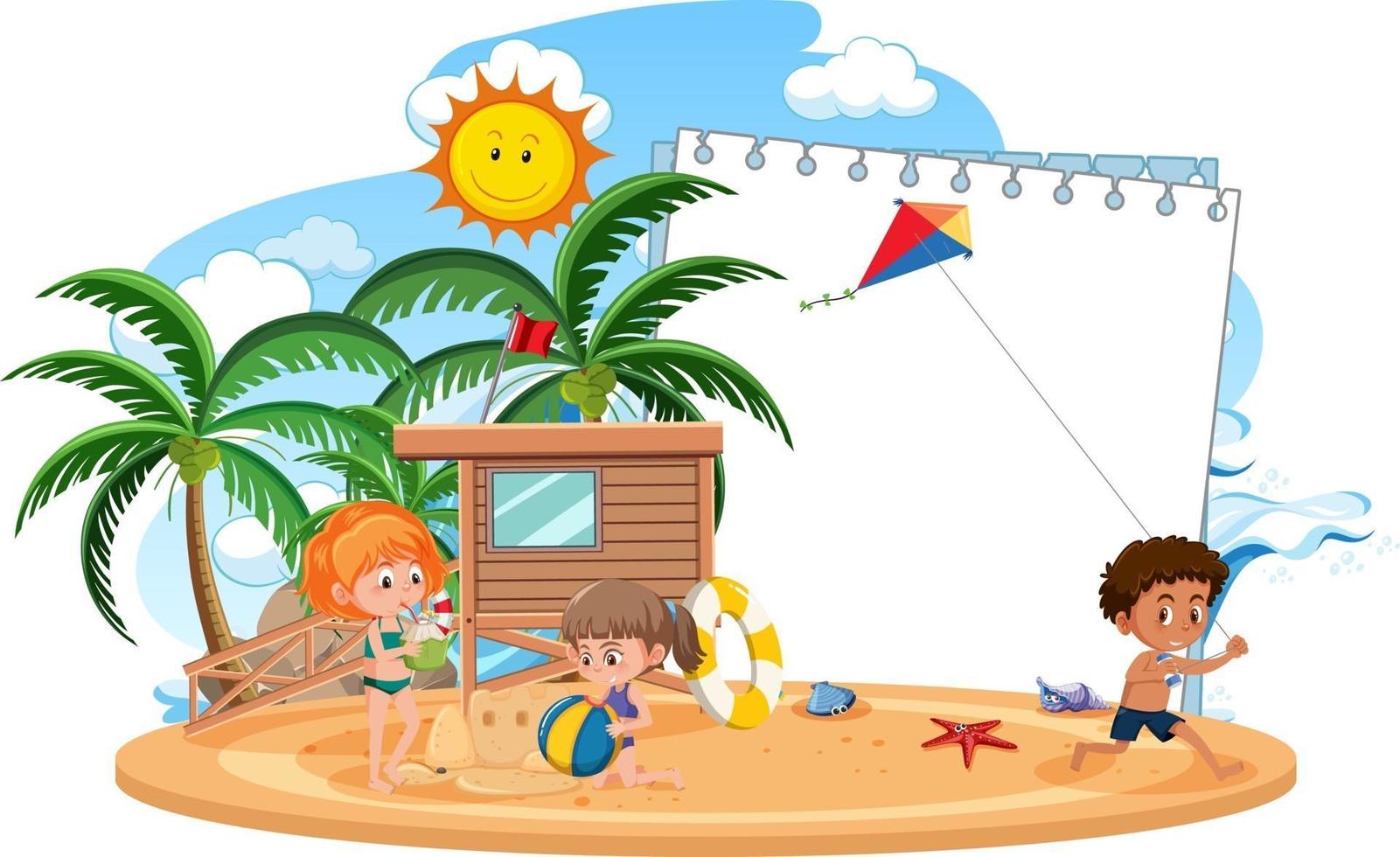 modelo de banner em branco com muitas crianças nas férias de verão na praia isolada vetor