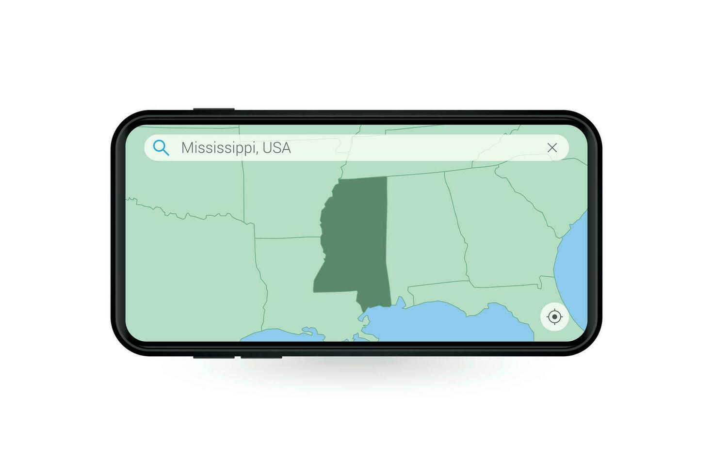 procurando mapa do Mississippi dentro Smartphone mapa aplicativo. mapa do Mississippi dentro célula telefone. vetor