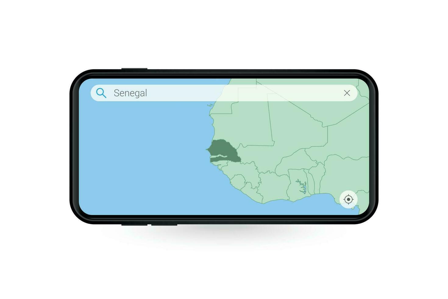 procurando mapa do Senegal dentro Smartphone mapa aplicativo. mapa do Senegal dentro célula telefone. vetor