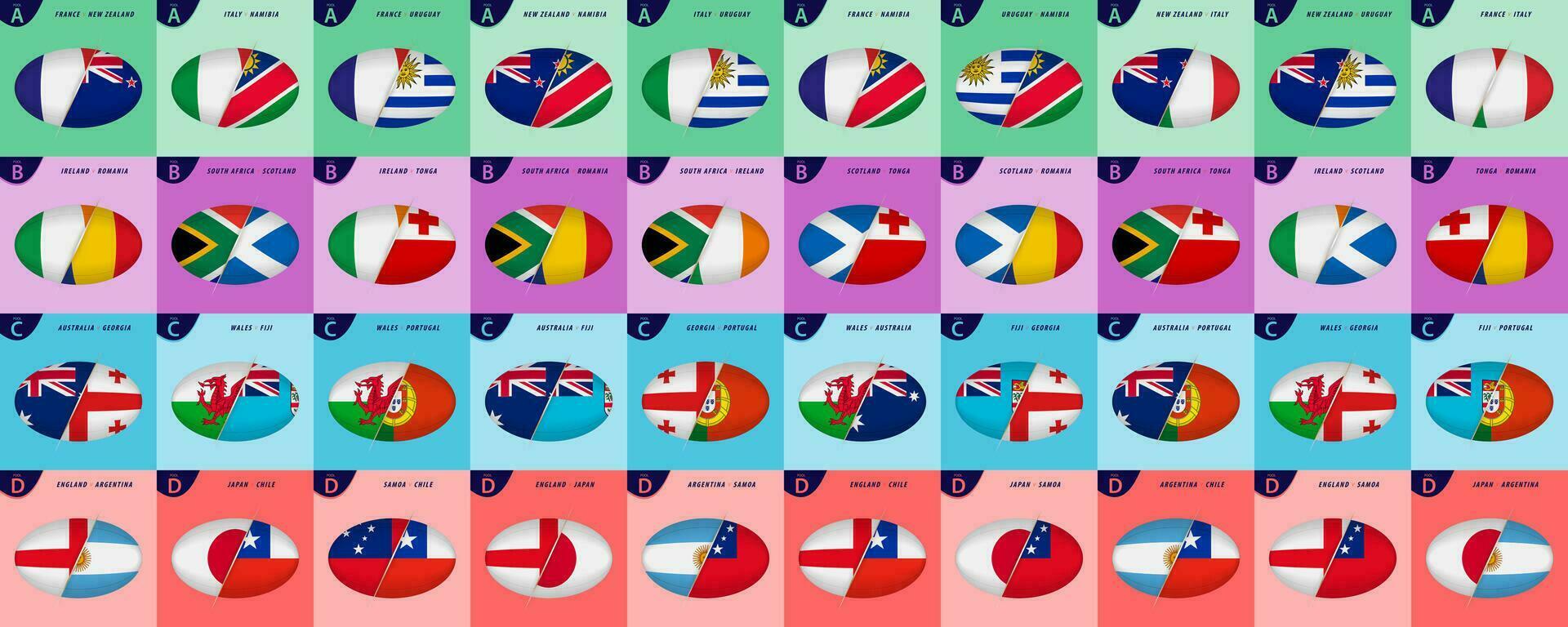 coleção do rúgbi ícones para internacional concorrência 2023, todos jogos versus ícone do grupo etapa dentro forma do rúgbi bola. vetor