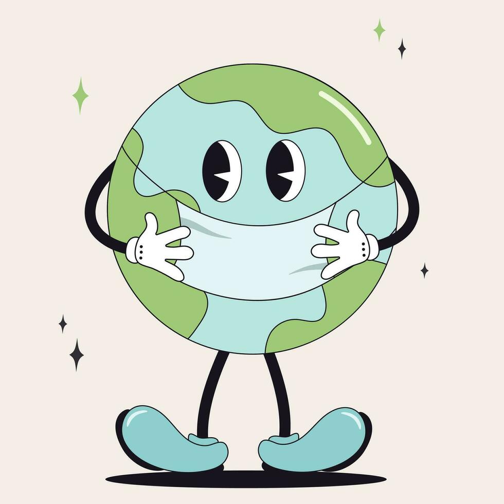 retro groovy desenho animado estilo terra planeta Terra dia. desenho animado fofa terra planeta personagem. conceito do mundo meio Ambiente dia dentro ano 2000 estilo. mundo meio Ambiente dia. Salve  a terra vetor