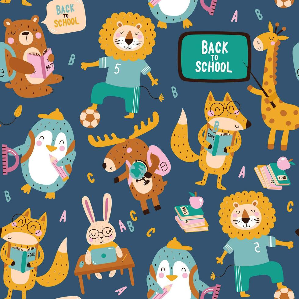 desatado padronizar fofa animais ir para escola. vetor ilustrações