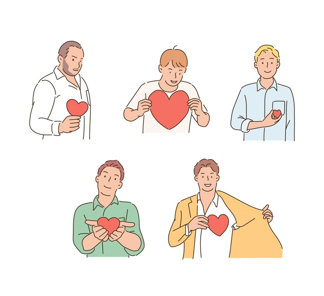 os homens estão expressando amor segurando corações nas mãos. mão desenhada estilo ilustrações vetoriais. vetor