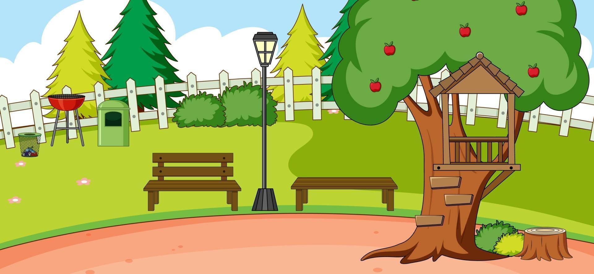 cena ao ar livre com banco e macieira no parque vetor