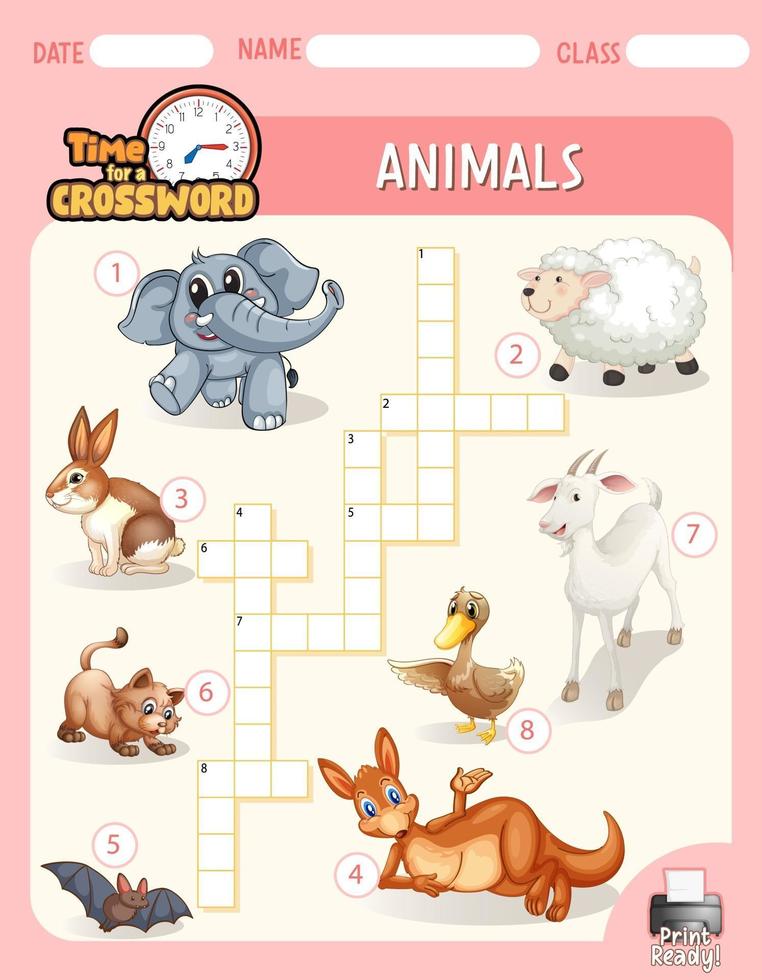 template de jogo de palavras cruzadas sobre animais vetor