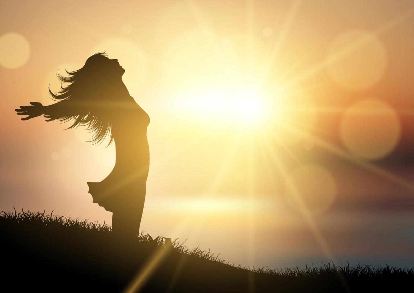 silhueta de uma mulher feliz contra uma paisagem de pôr do sol vetor