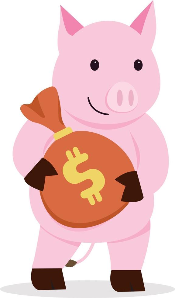 porco plano segurando o projeto dos desenhos animados do saco de dinheiro com fundo branco isolatd. vetor